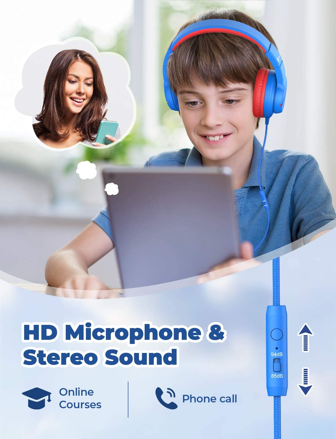 iClever HS19 Kids Headphones with Microphone for School, Volume Limiter 85/94dB, Over-Ear Girls Boys Headphones for Kids with Shareport, Foldable Wired Headphones for iPad/Fire Tablet/Travel.