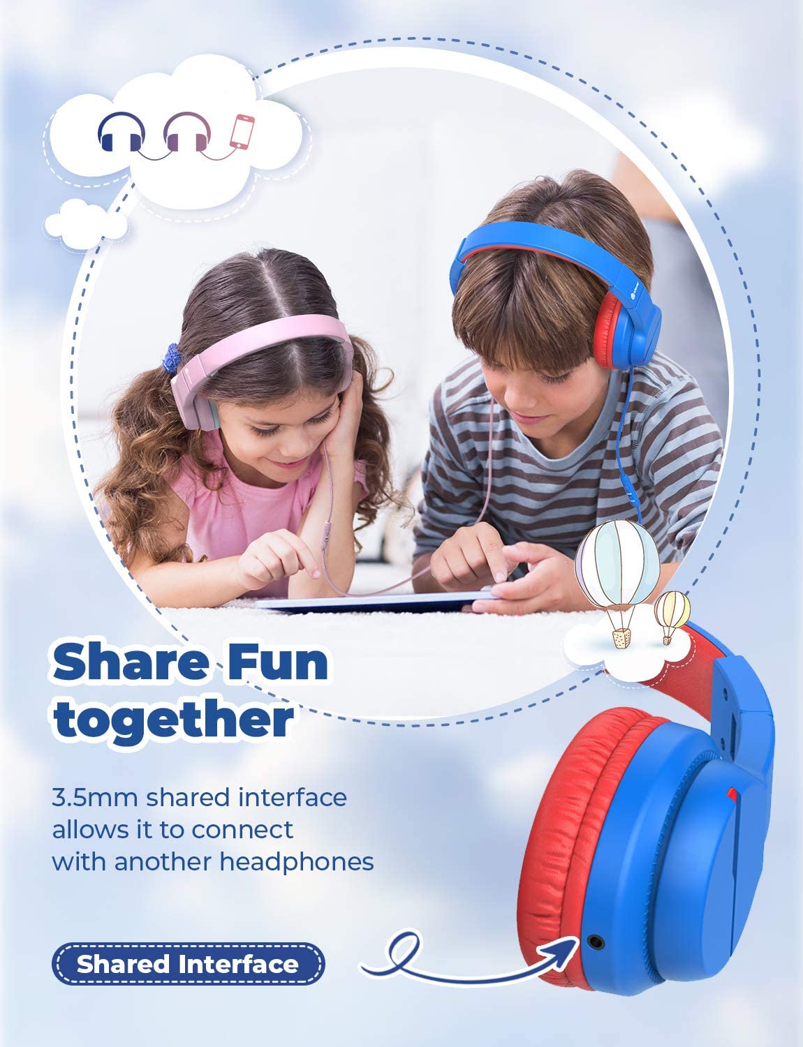 iClever HS19 Kids Headphones with Microphone for School, Volume Limiter 85/94dB, Over-Ear Girls Boys Headphones for Kids with Shareport, Foldable Wired Headphones for iPad/Fire Tablet/Travel.