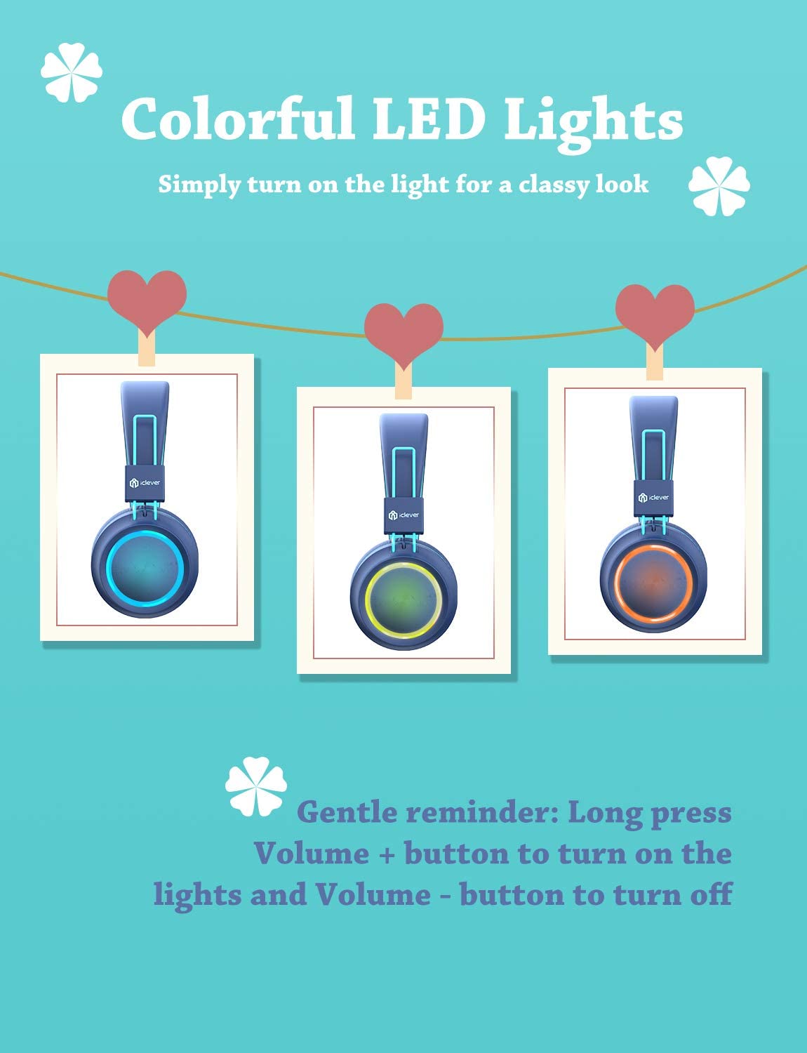 iClever BTH03 Kids Headphones, Colorful LED Lights Kids Wireless Headphones with MIC, 25H Playtime, Stereo Sound, Bluetooth 5.0, Foldable, Childrens Headphones on Ear for Study Tablet Airplane, Blue.