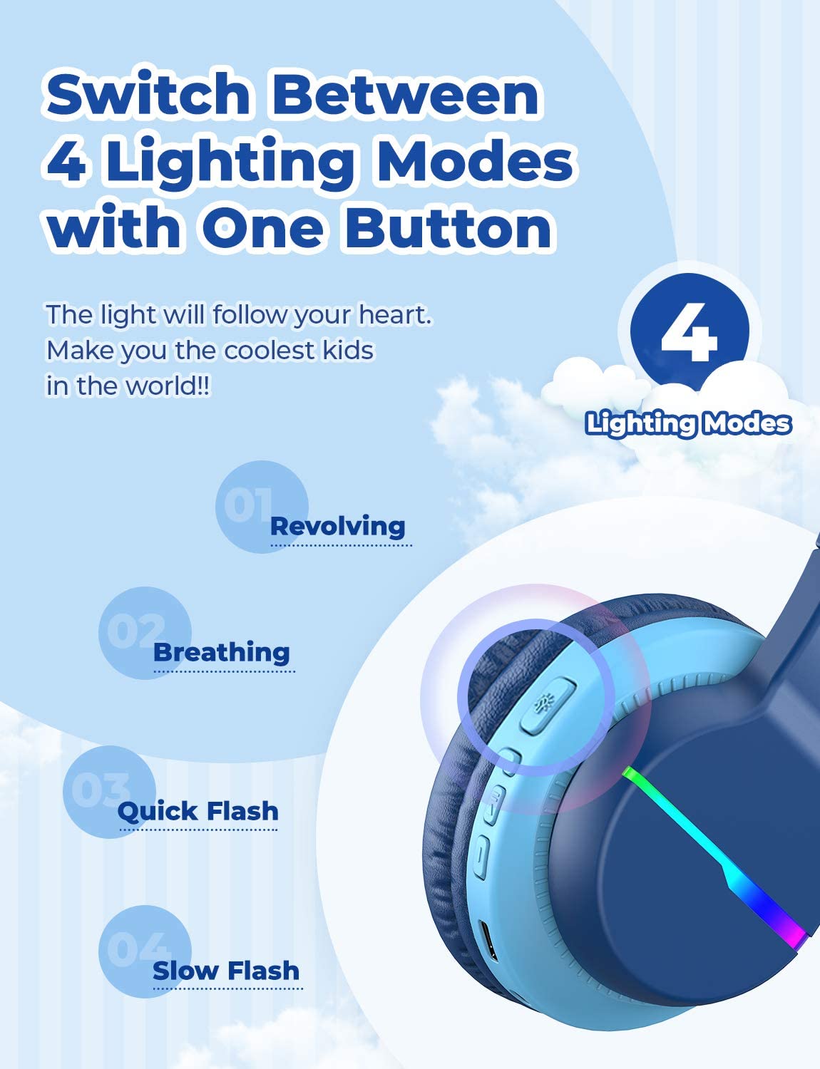 iClever BTH12 Wireless Kids Headphones, Colorful LED Lights Kids Headphones with 74/85/94dB Volume Limited Over Ear, 40H Playtime, Bluetooth 5.0, Built-in Mic for School/Tablet/PC/Airplane.