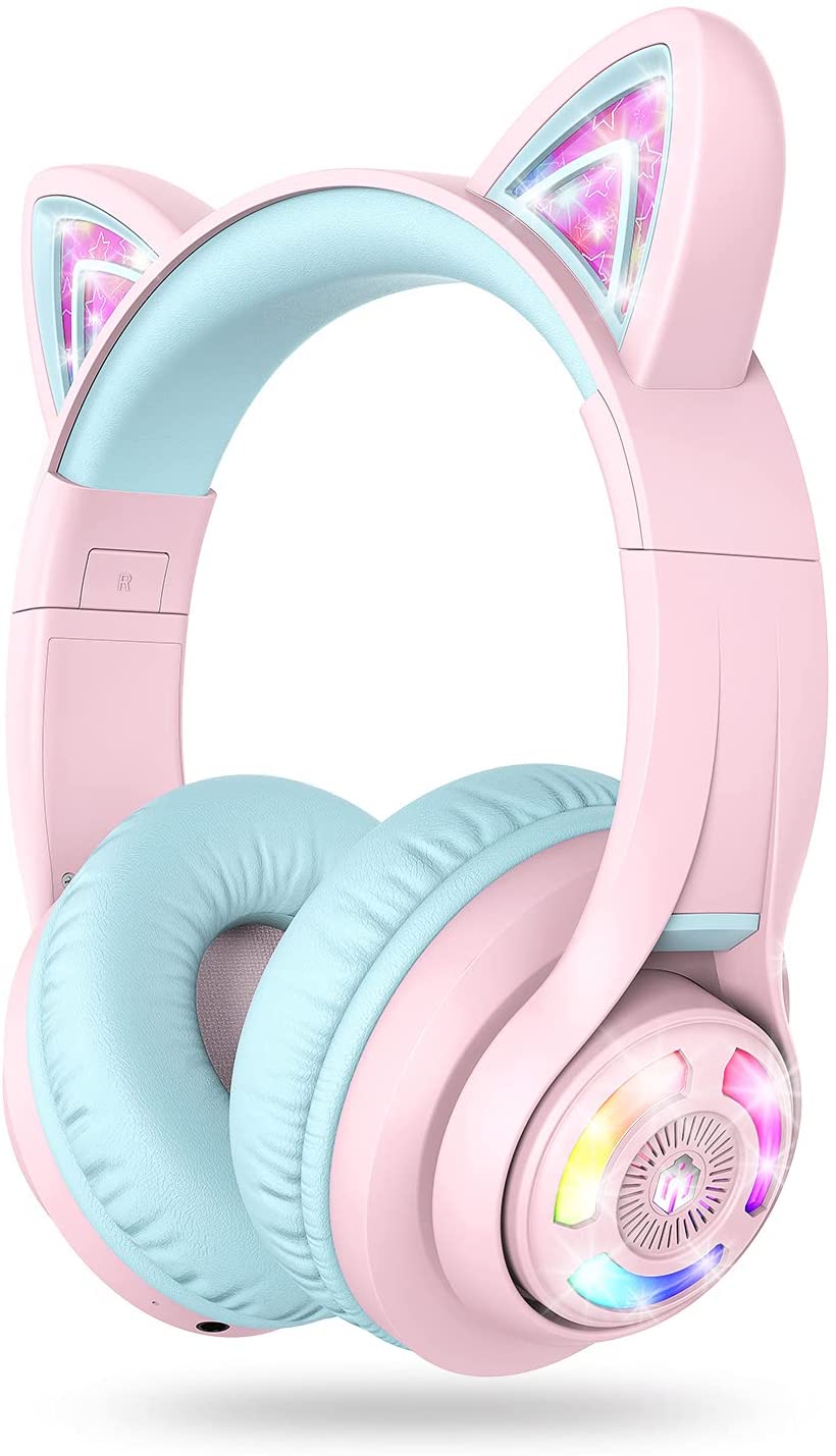 iClever Cat Ear Bluetooth Headphones RGB LED Light Up Over Ear with Microphone, 74/85/94dB Volume Limiting Comfort Foldable Wireless Headset for PC/Tablet/TV Kids Girls & Boys Teens, BTH13 Pink.