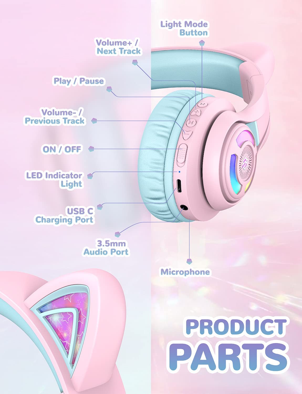iClever Cat Ear Bluetooth Headphones RGB LED Light Up Over Ear with Microphone, 74/85/94dB Volume Limiting Comfort Foldable Wireless Headset for PC/Tablet/TV Kids Girls & Boys Teens, BTH13 Pink.
