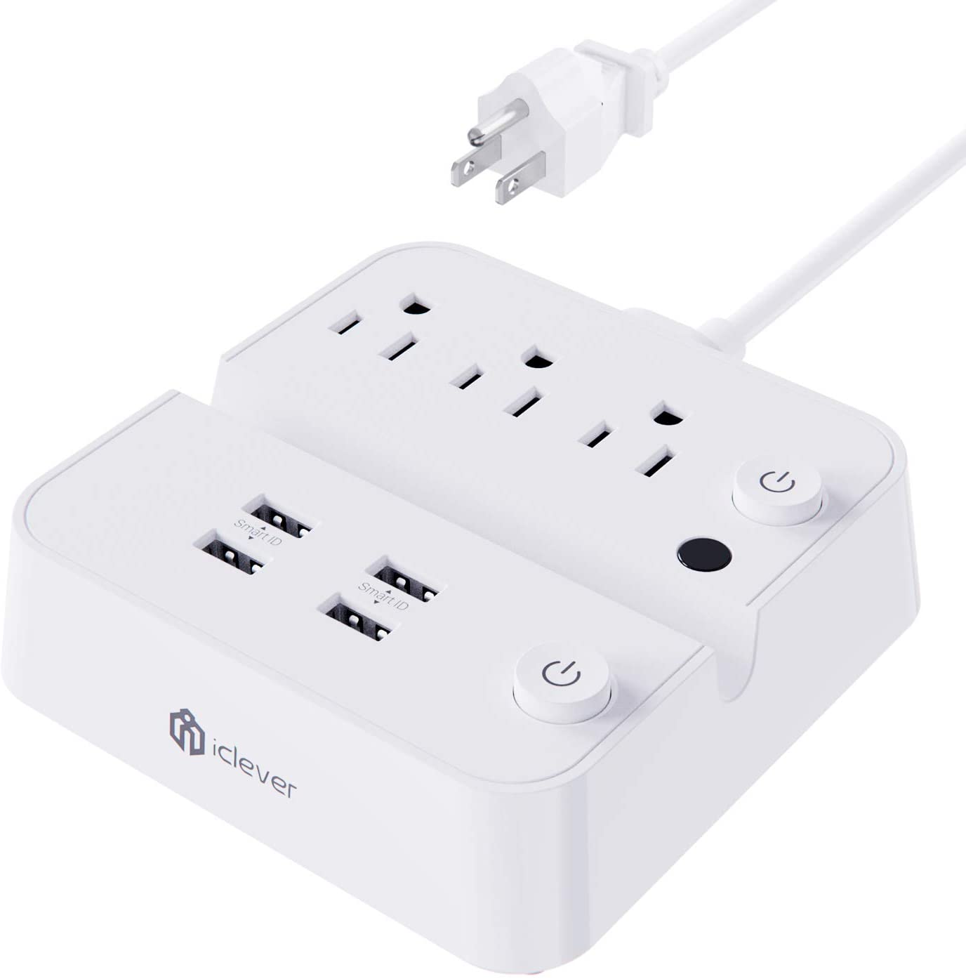 Power Strip with USB, iClever USB Charging Station with 3 Outlet 4 USB Ports, 10A 5ft Extension Cord, Dual Switch Control, Overload Protection, Phone Tablet Stand for Travel, Office, Hotel.
