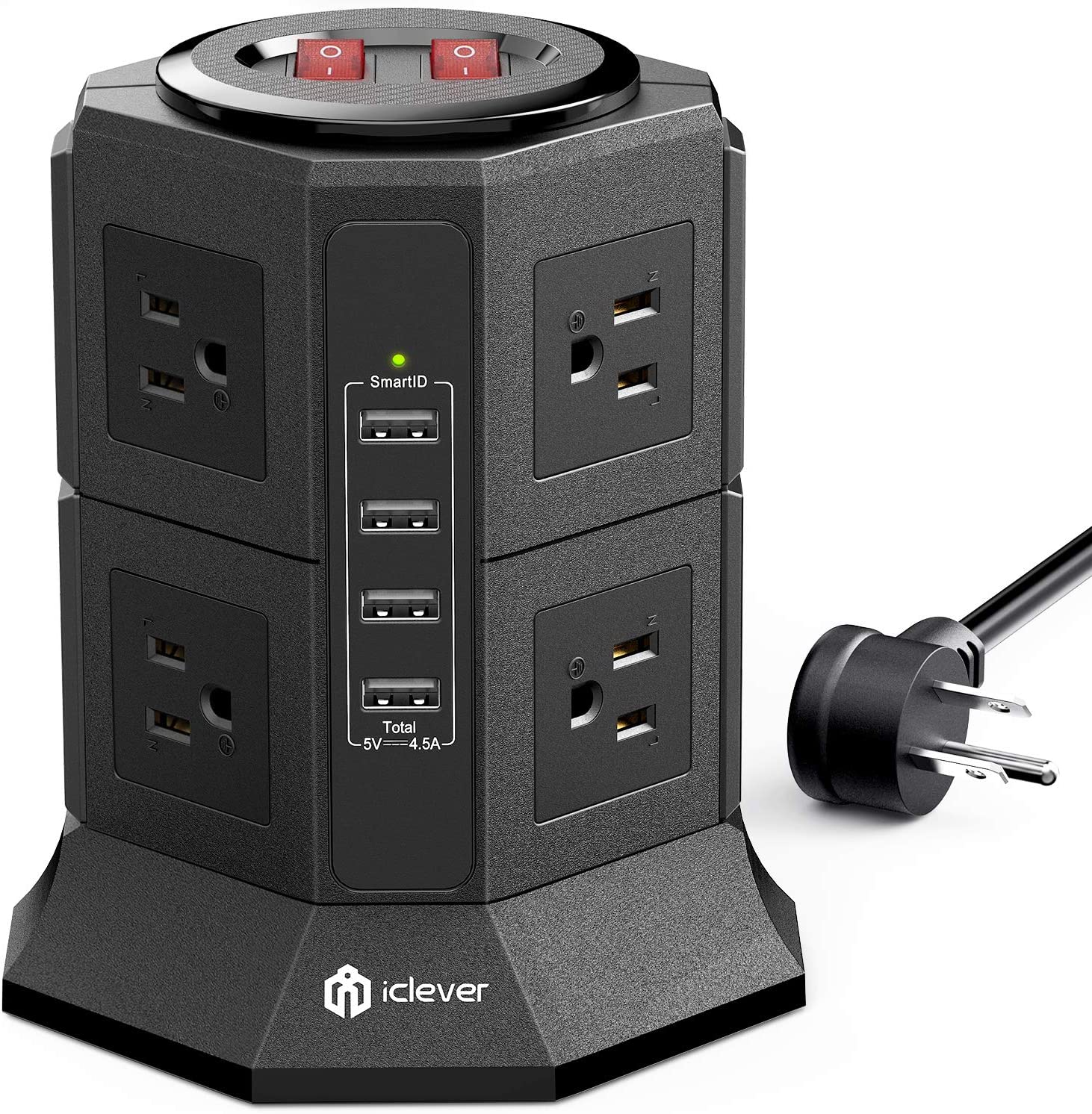 Power Strip Tower Gaming Surge Protector, iClever 8 AC Outlets 4.5A 4 USB Ports Desktop Charging Station with 10ft Extension Cord for PC Laptops iPhone Mobile Device Home Office