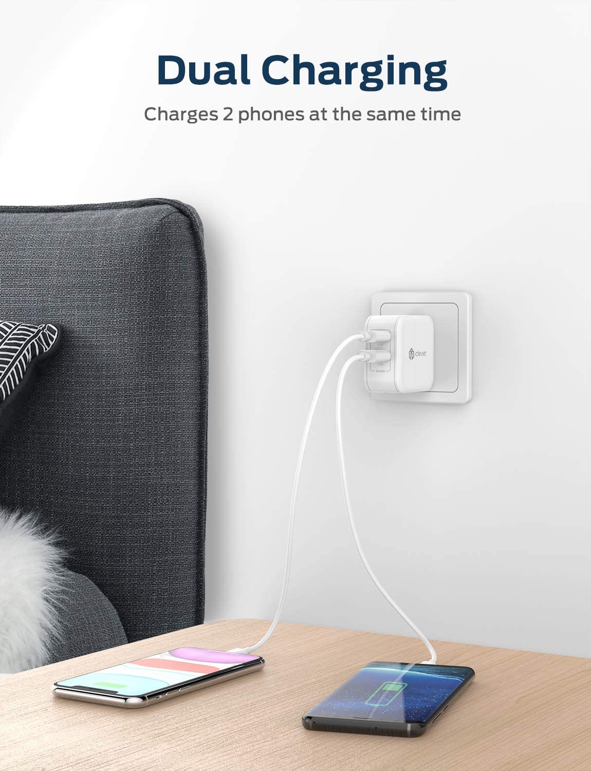 iClever BoostCube 2nd Generation 24W Dual USB Wall Charger with SmartID Technology, Foldable Plug, Travel Power Adapter for iPhone Xs/XS Max/XR/X/8 Plus/8/7 Plus/7/6S/6 Plus, iPad Pro Air/Mini and Other Tablet.