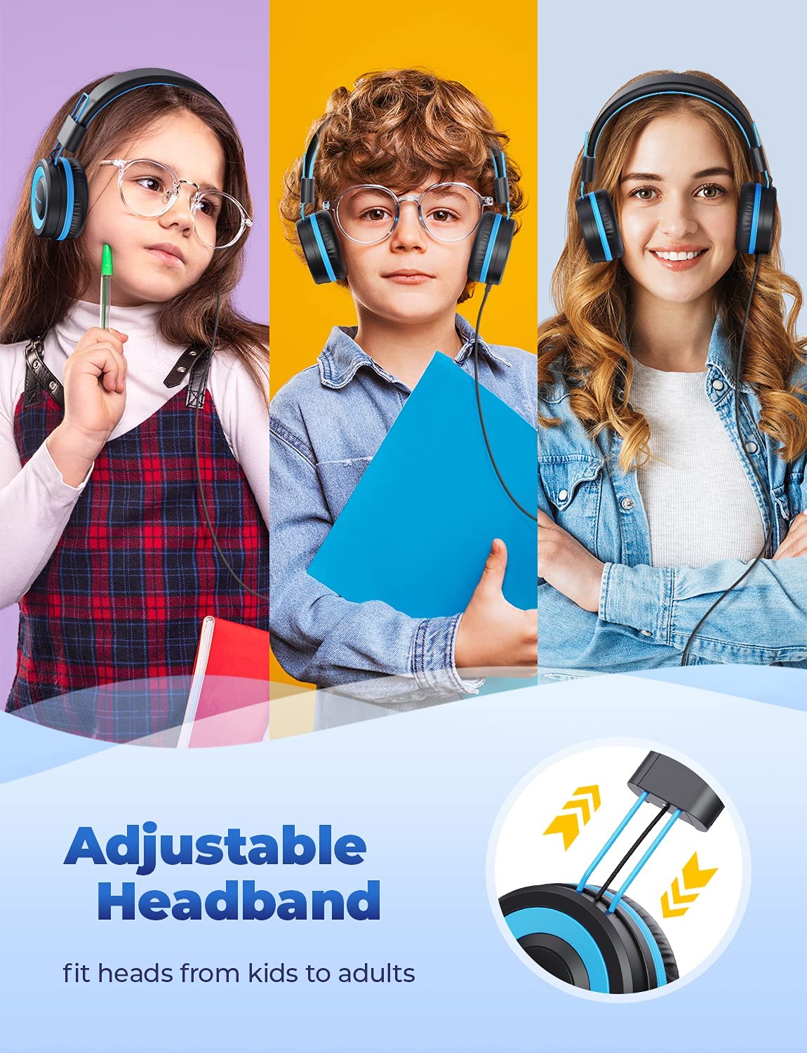 iClever HS14 Kids Headphones, Headphones for Kids with 94dB Volume Limited for Boys Girls, Adjustable Headband, Foldable, Child Headphones on Ear for Study Tablet Airplane School.