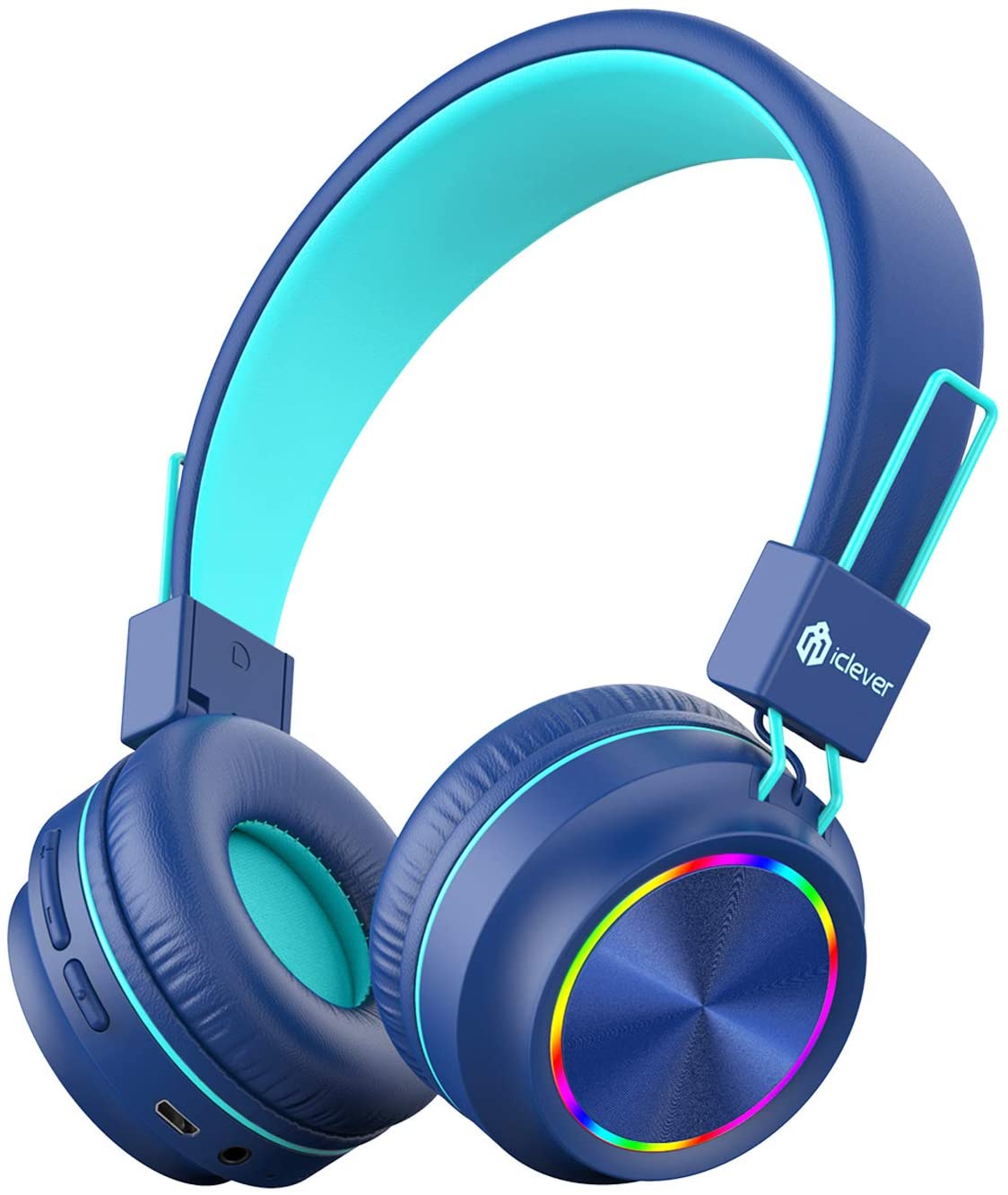 iClever BTH03 Kids Headphones, Colorful LED Lights Kids Wireless Headphones with MIC, 25H Playtime, Stereo Sound, Bluetooth 5.0, Foldable, Childrens Headphones on Ear for Study Tablet Airplane, Blue.