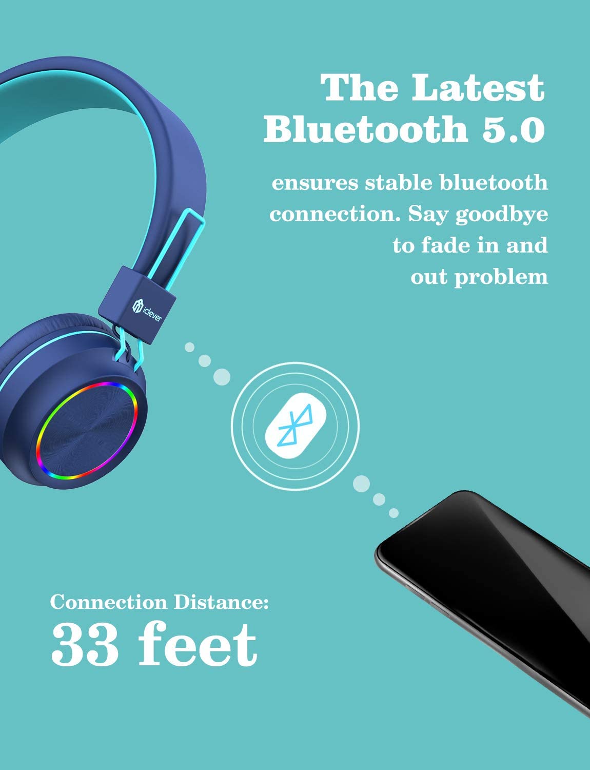 iClever BTH03 Kids Headphones, Colorful LED Lights Kids Wireless Headphones with MIC, 25H Playtime, Stereo Sound, Bluetooth 5.0, Foldable, Childrens Headphones on Ear for Study Tablet Airplane, Blue.