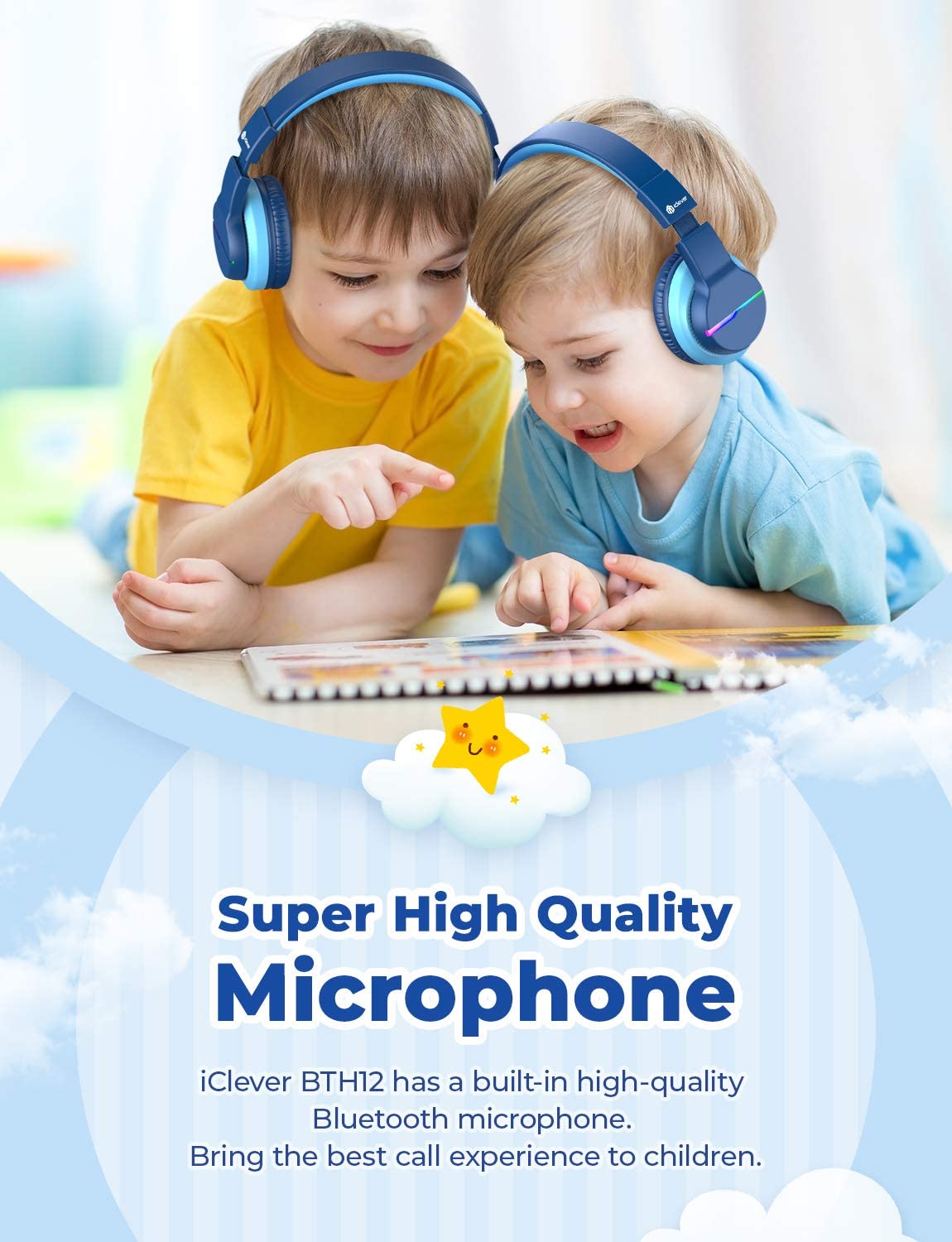 iClever BTH12 Wireless Kids Headphones, Colorful LED Lights Kids Headphones with 74/85/94dB Volume Limited Over Ear, 40H Playtime, Bluetooth 5.0, Built-in Mic for School/Tablet/PC/Airplane.