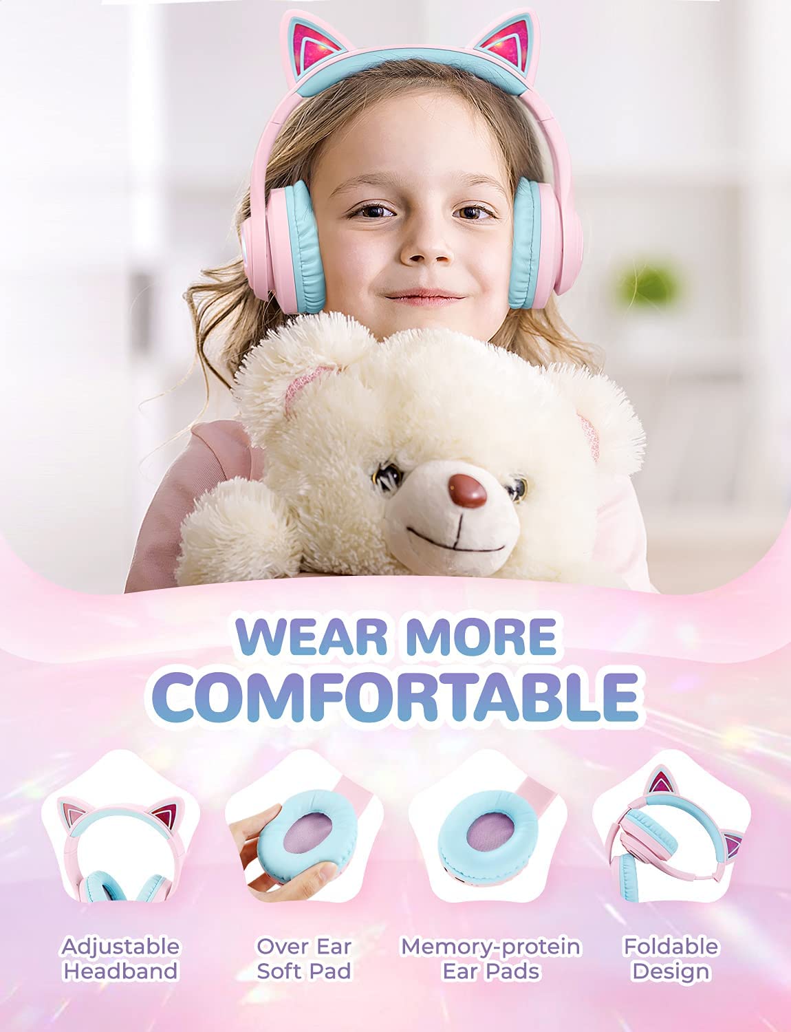 iClever Cat Ear Bluetooth Headphones RGB LED Light Up Over Ear with Microphone, 74/85/94dB Volume Limiting Comfort Foldable Wireless Headset for PC/Tablet/TV Kids Girls & Boys Teens, BTH13 Pink.