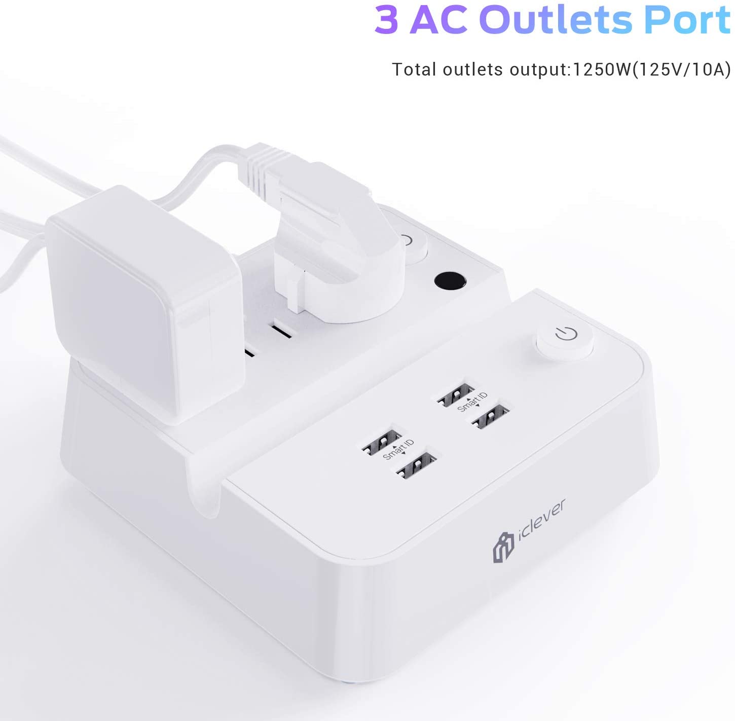 Power Strip with USB, iClever USB Charging Station with 3 Outlet 4 USB Ports, 10A 5ft Extension Cord, Dual Switch Control, Overload Protection, Phone Tablet Stand for Travel, Office, Hotel.