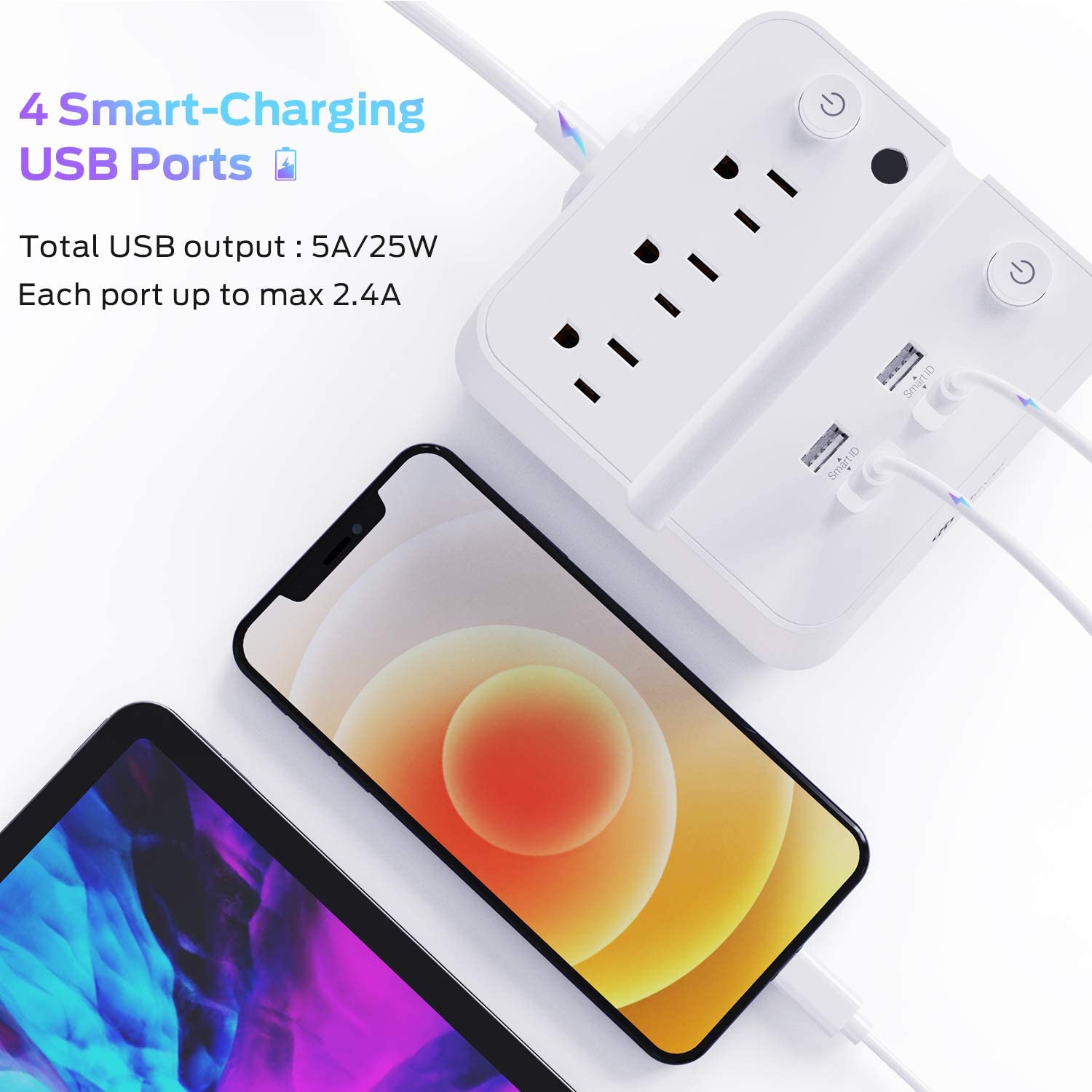 Power Strip with USB, iClever USB Charging Station with 3 Outlet 4 USB Ports, 10A 5ft Extension Cord, Dual Switch Control, Overload Protection, Phone Tablet Stand for Travel, Office, Hotel.